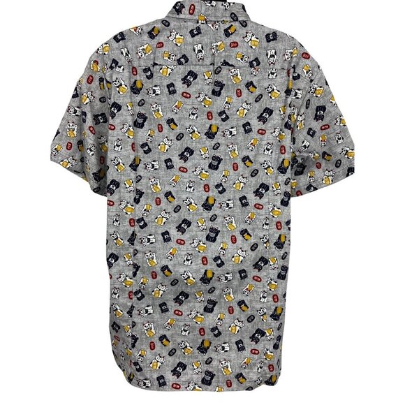 Aloha Made Me Mens Large L Hawaiian Short Sleeve Shirt Maneki Neko Grey Button - Picture 7 of 9